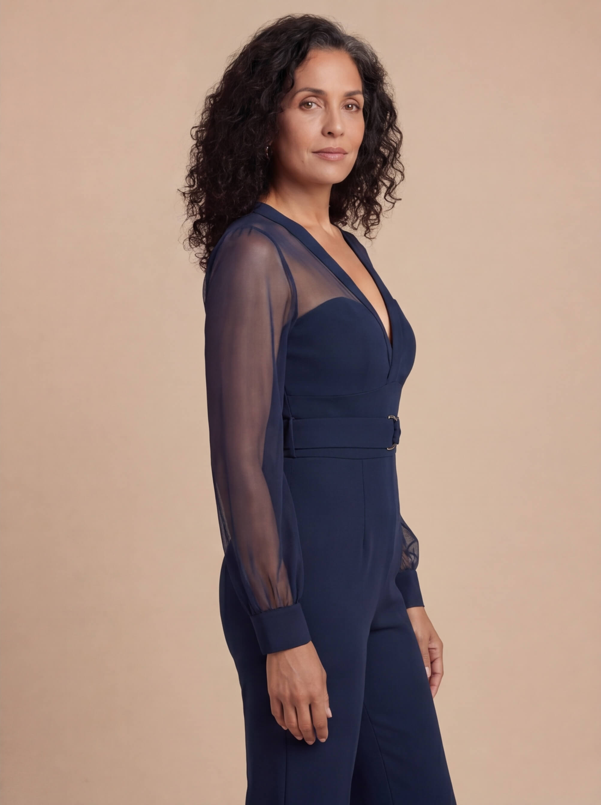 Elegant Allure, Effortless Confidence – Navy Wide-Leg Jumpsuit