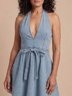 Women’s Halter Denim Flare Dress with Tie Waist – Effortless Summer Appeal