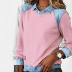 Women’s Denim Collar Detail Long-Sleeve Knit Top