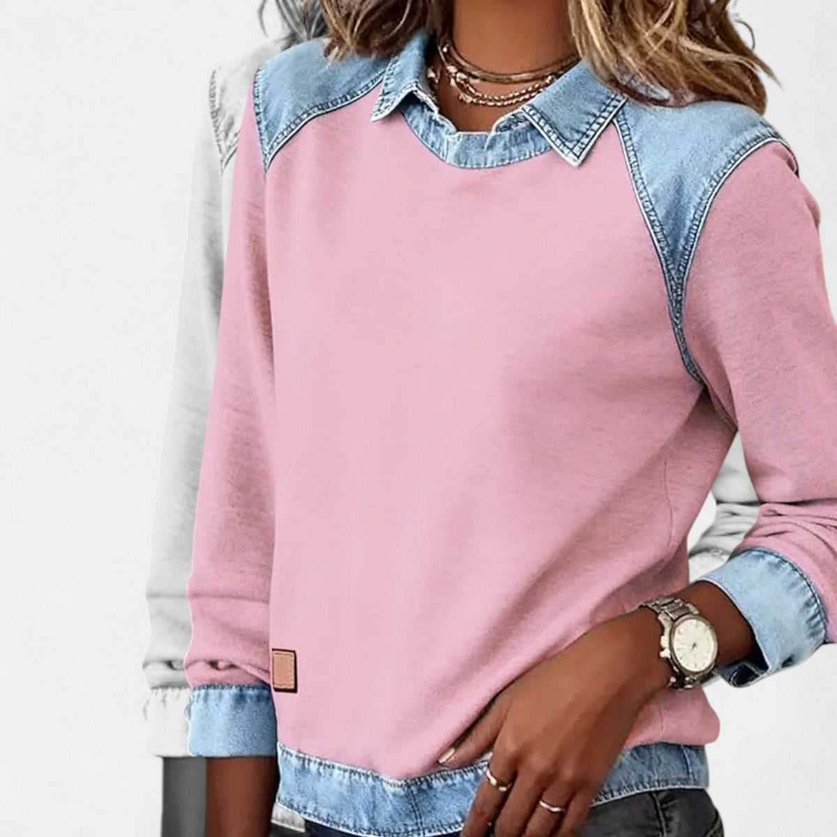 Women’s Denim Collar Detail Long-Sleeve Knit Top