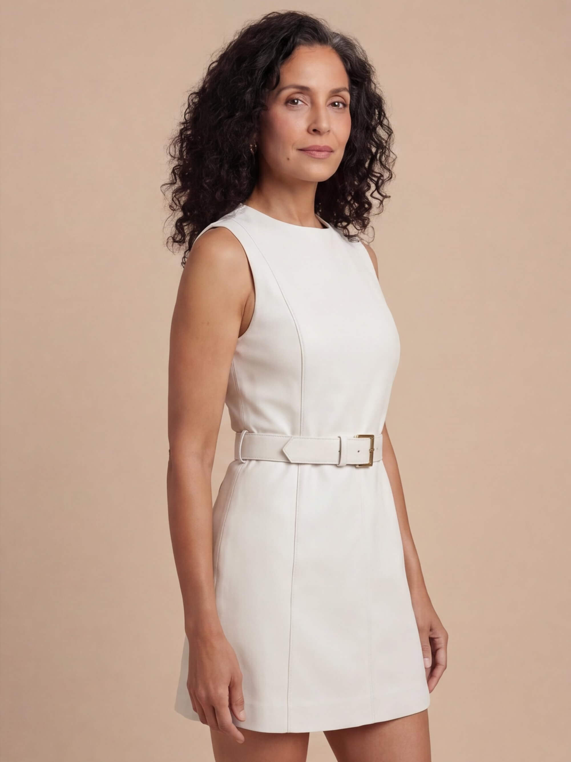 Women’s White Belted Mini Dress – Modern Sculpted Elegance