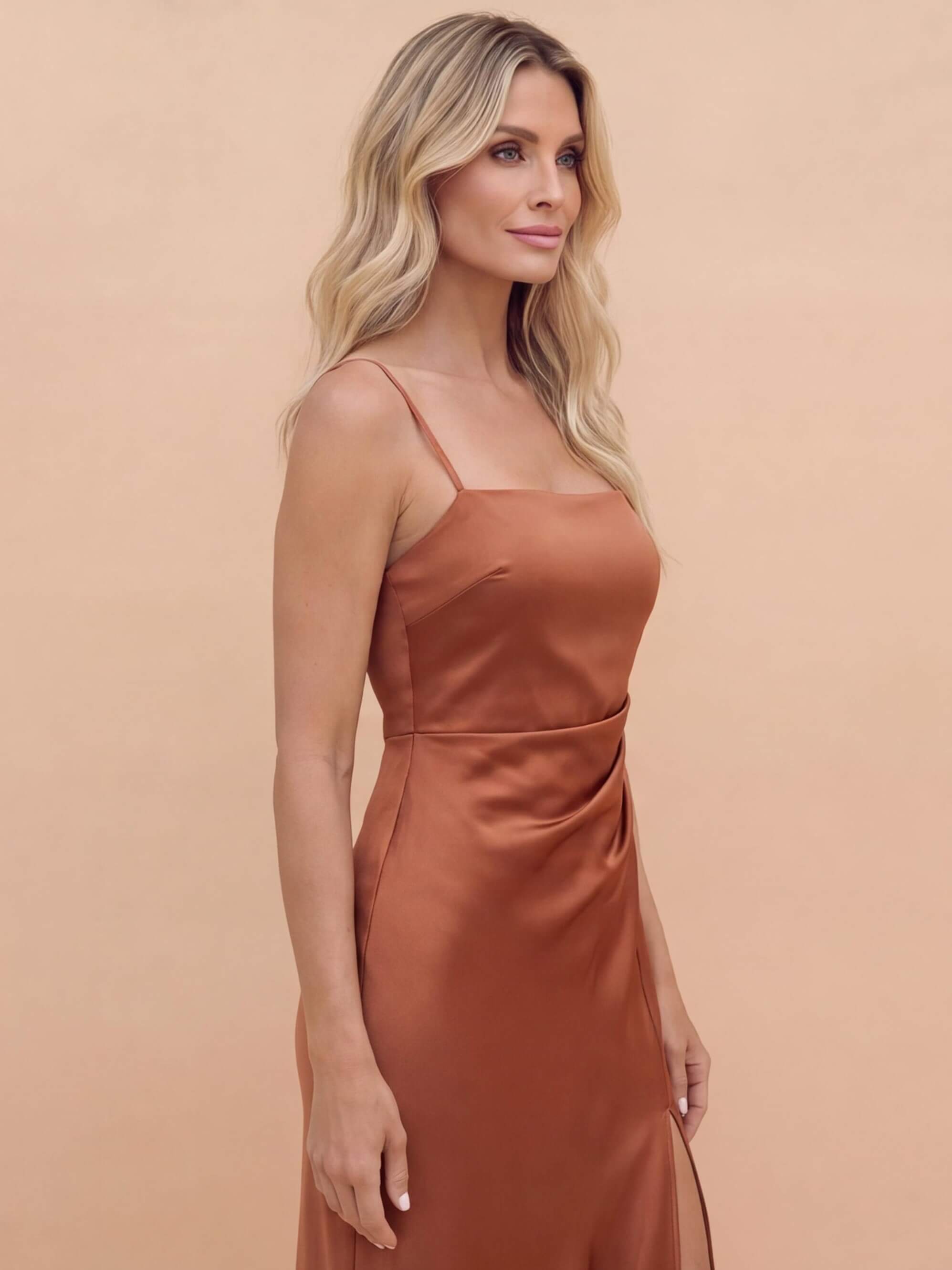 Women’s Dress – Satin Spaghetti-Strap Maxi Dress with Side Slit