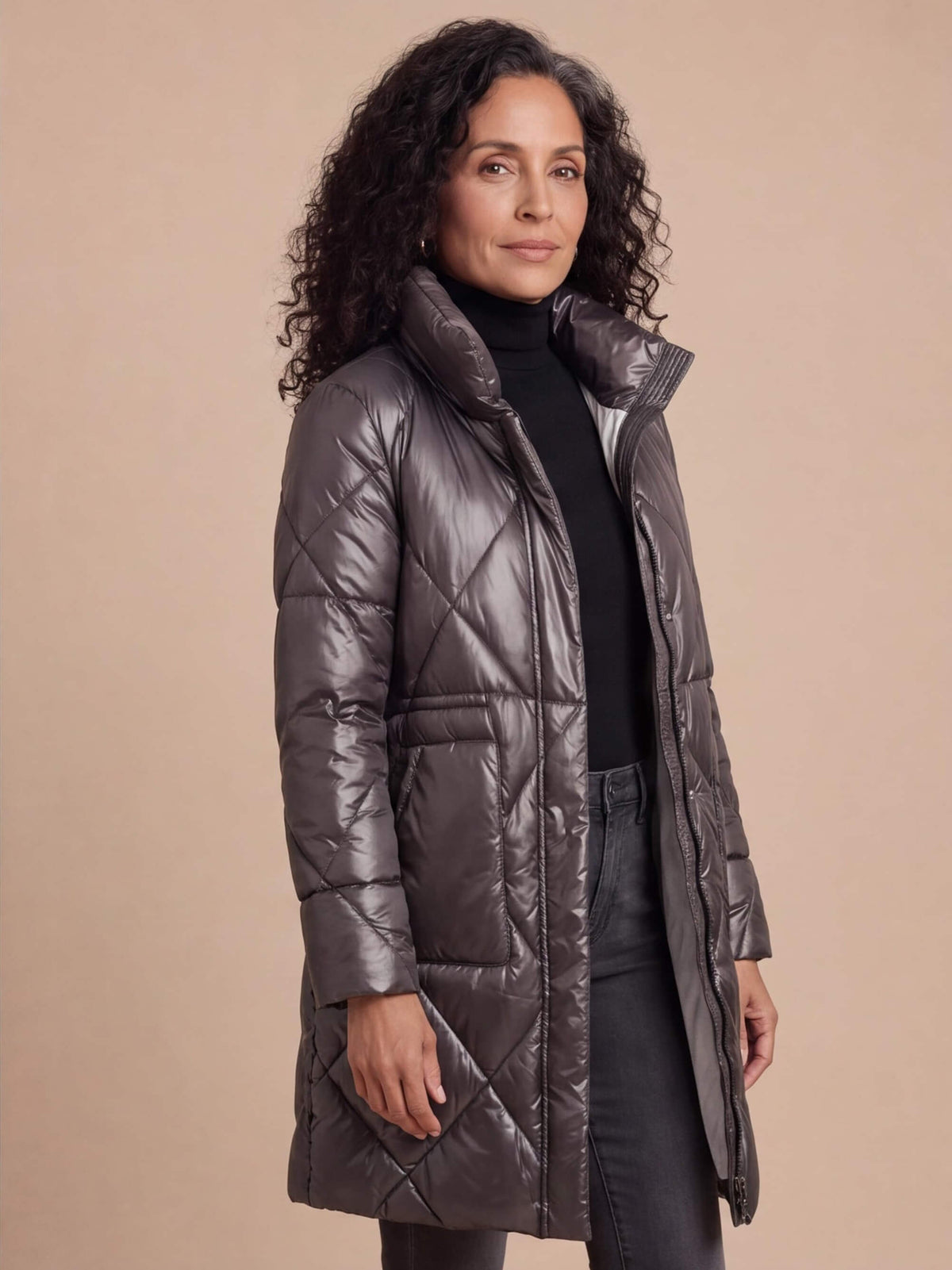 Women’s Long Quilted Puffer Coat with High Collar