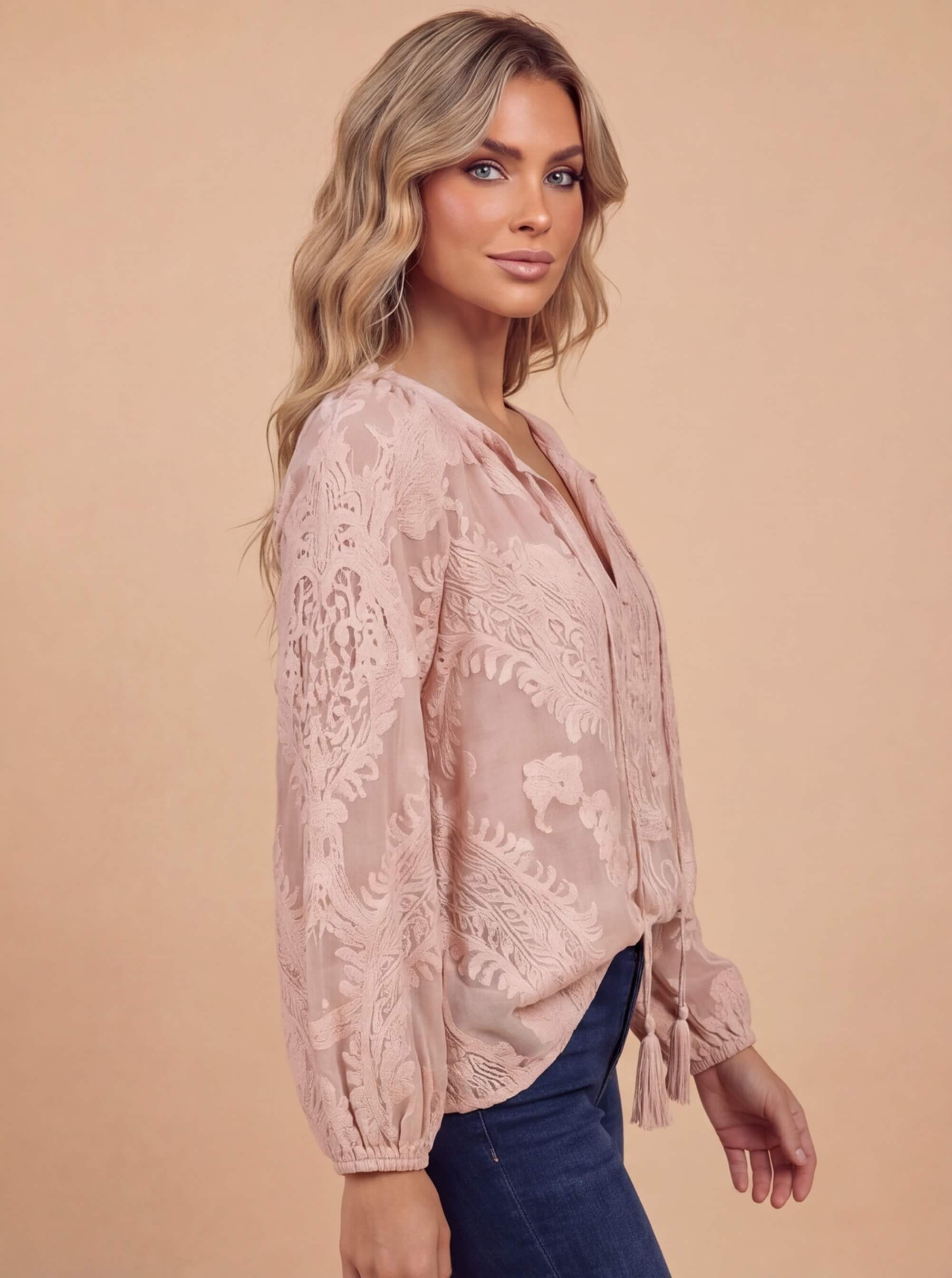 Women’s Top – Boho Lace Blouse with Split Neckline