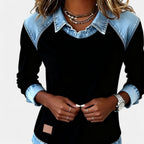 Women’s Denim Collar Detail Long-Sleeve Knit Top