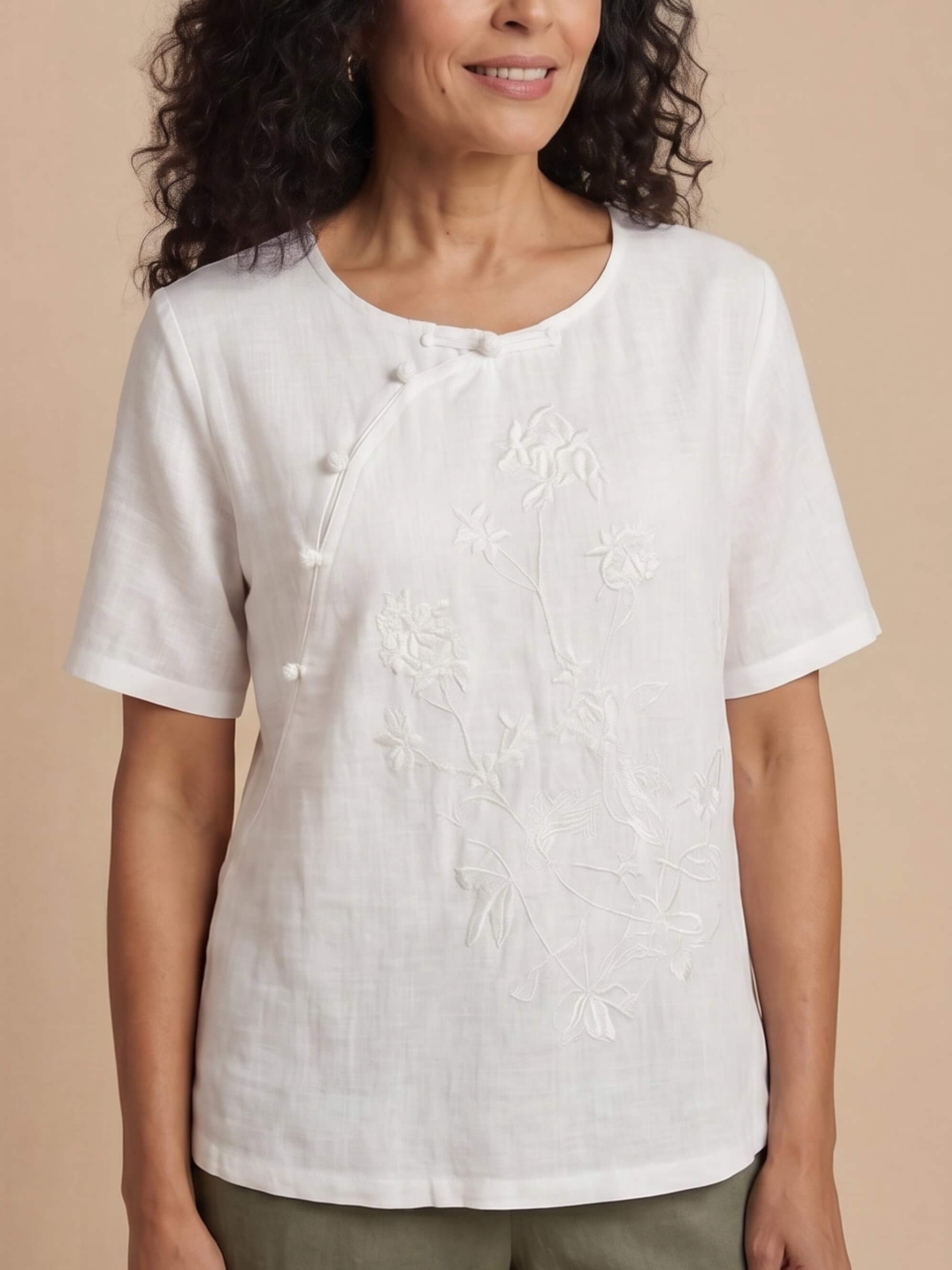 Women’s Embroidered Asymmetric Button Short Sleeve Blouse