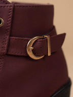 Women’s Mid-Heel Ankle Boots –  Side Zipper & Buckle Detail