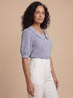 Women’s Striped Button-Up Blouse with Statement Collar