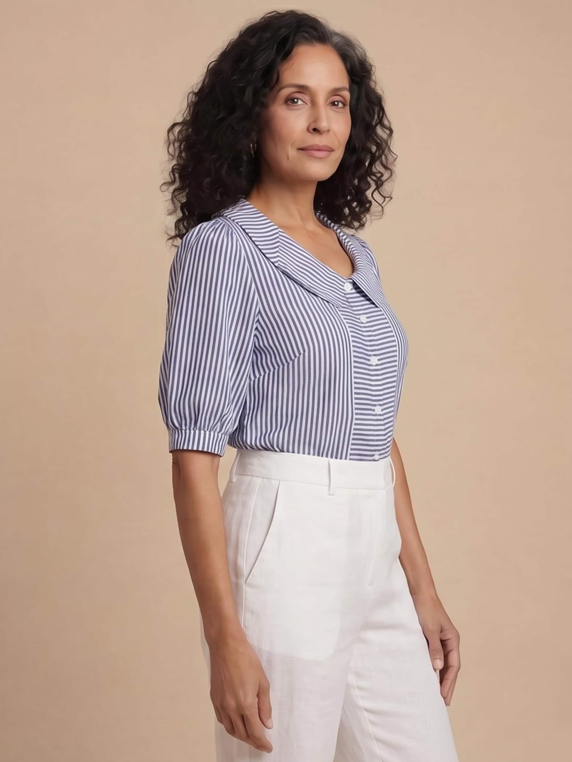 Women’s Striped Button-Up Blouse with Statement Collar