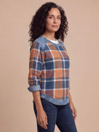 Women’s Plaid Denim-Trim Long-Sleeve Top