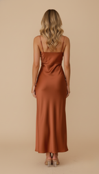 Women’s Dress – Satin Spaghetti-Strap Maxi Dress with Side Slit