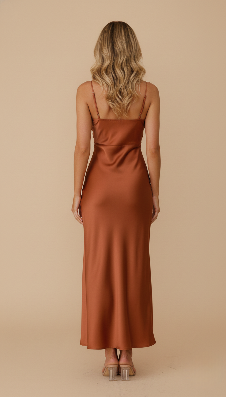 Women’s Dress – Satin Spaghetti-Strap Maxi Dress with Side Slit
