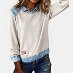 Women’s Denim Collar Detail Long-Sleeve Knit Top