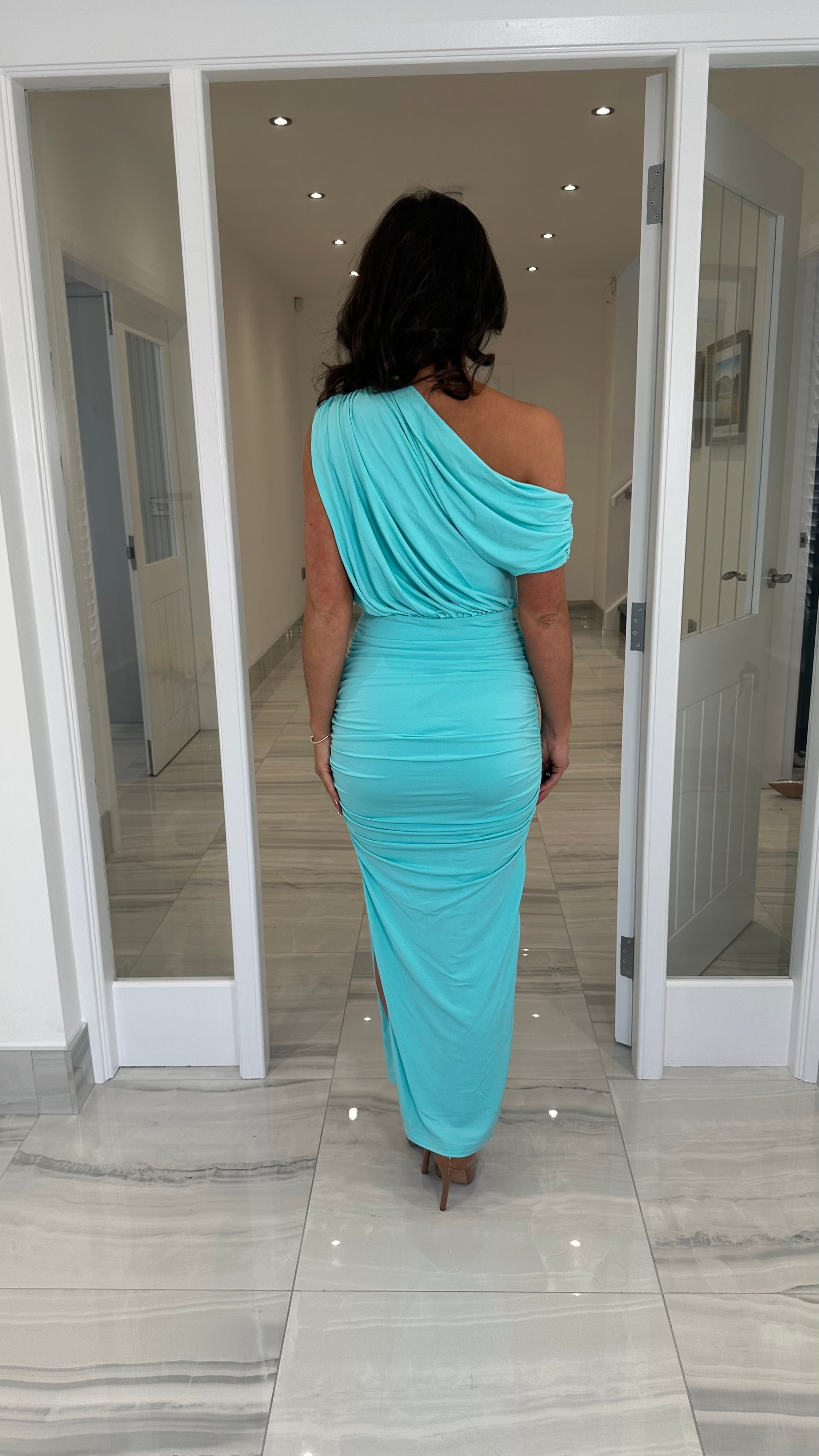 Elena Ruched Off-Shoulder Dress – Aqua