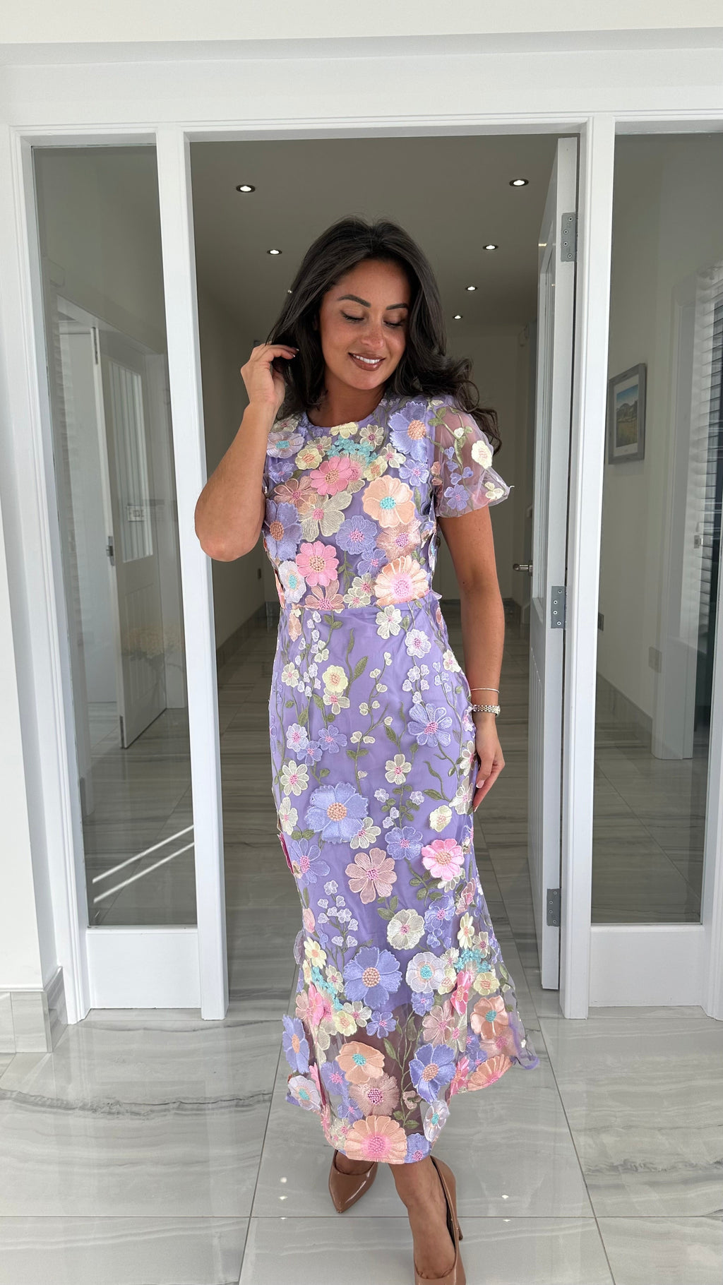 Maribel 3D Floral Midi Dress – Lilac