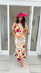 Maribel 3D Floral Midi Dress – Beige