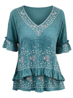 Women’s Embroidered V-Neck Ruffle Hem Blouse