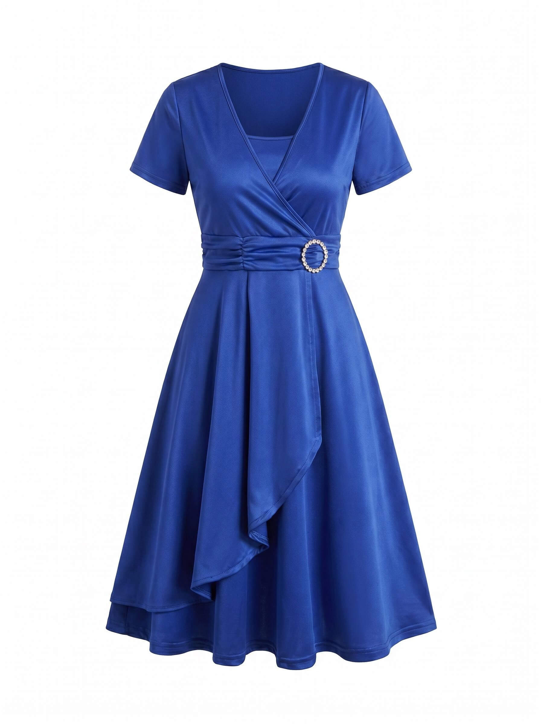 Elegant Women’s V-Neck Dress – Waist Detail with Rhinestone Accent & Asymmetrical Hem