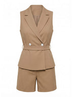 Women’s Khaki Lapel Collar Romper with Asymmetric Wrap Front