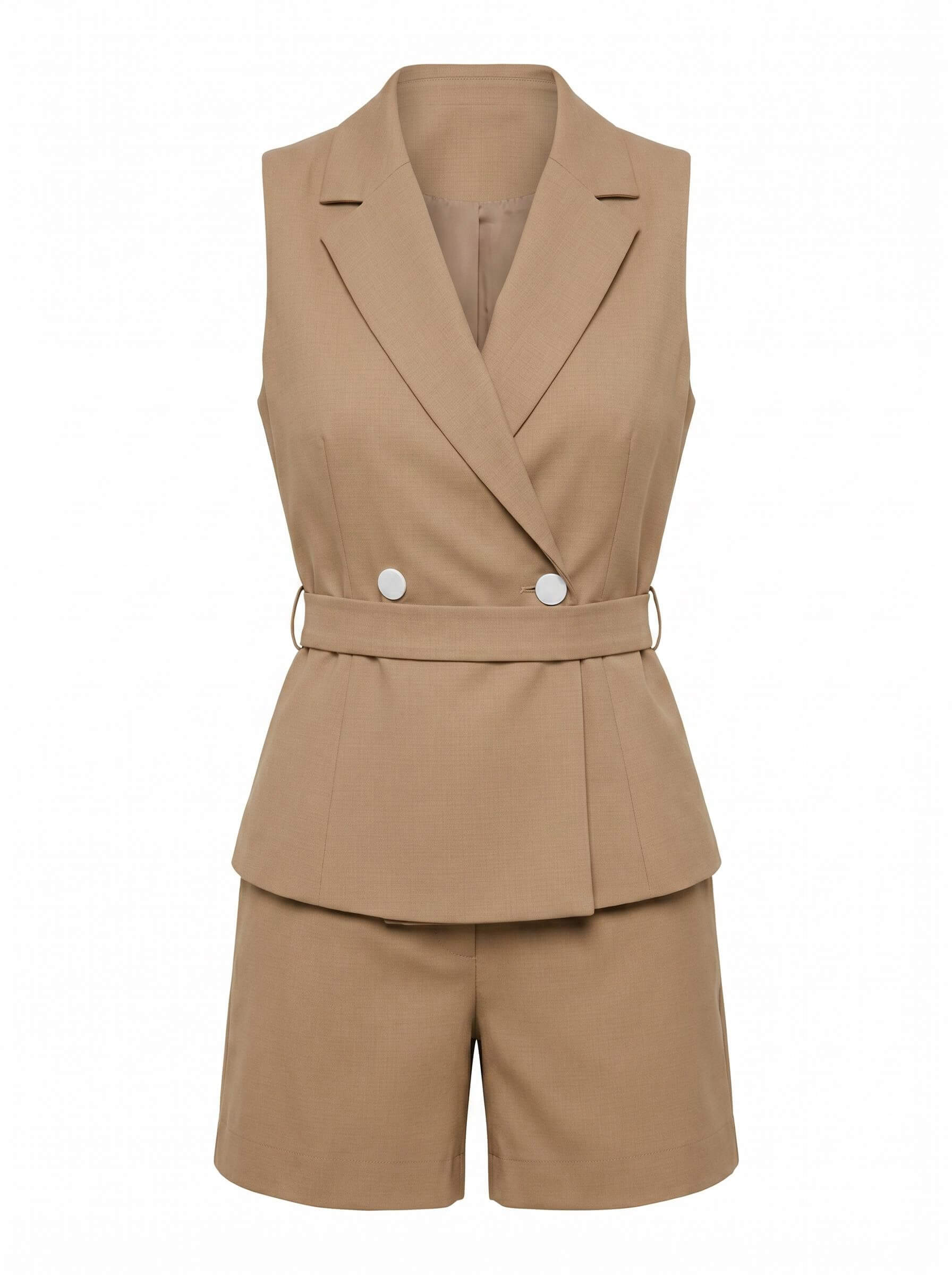 Women’s Khaki Lapel Collar Romper with Asymmetric Wrap Front