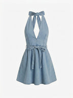 Women’s Halter Denim Flare Dress with Tie Waist – Effortless Summer Appeal