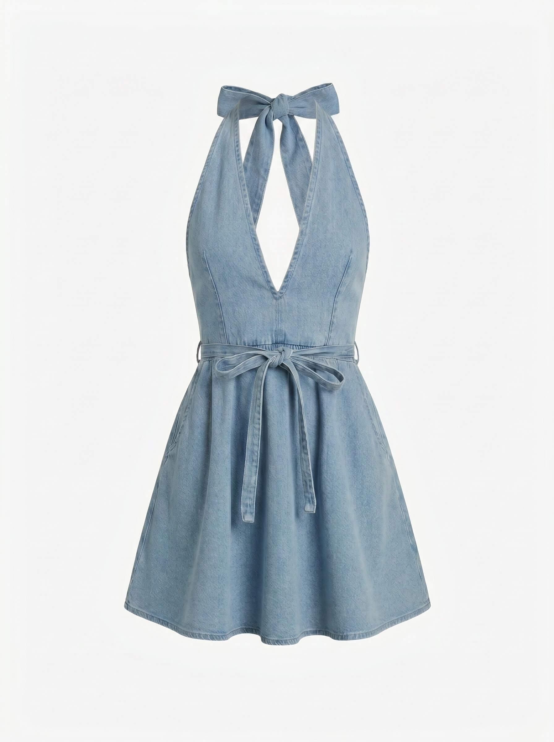 Women’s Halter Denim Flare Dress with Tie Waist – Effortless Summer Appeal