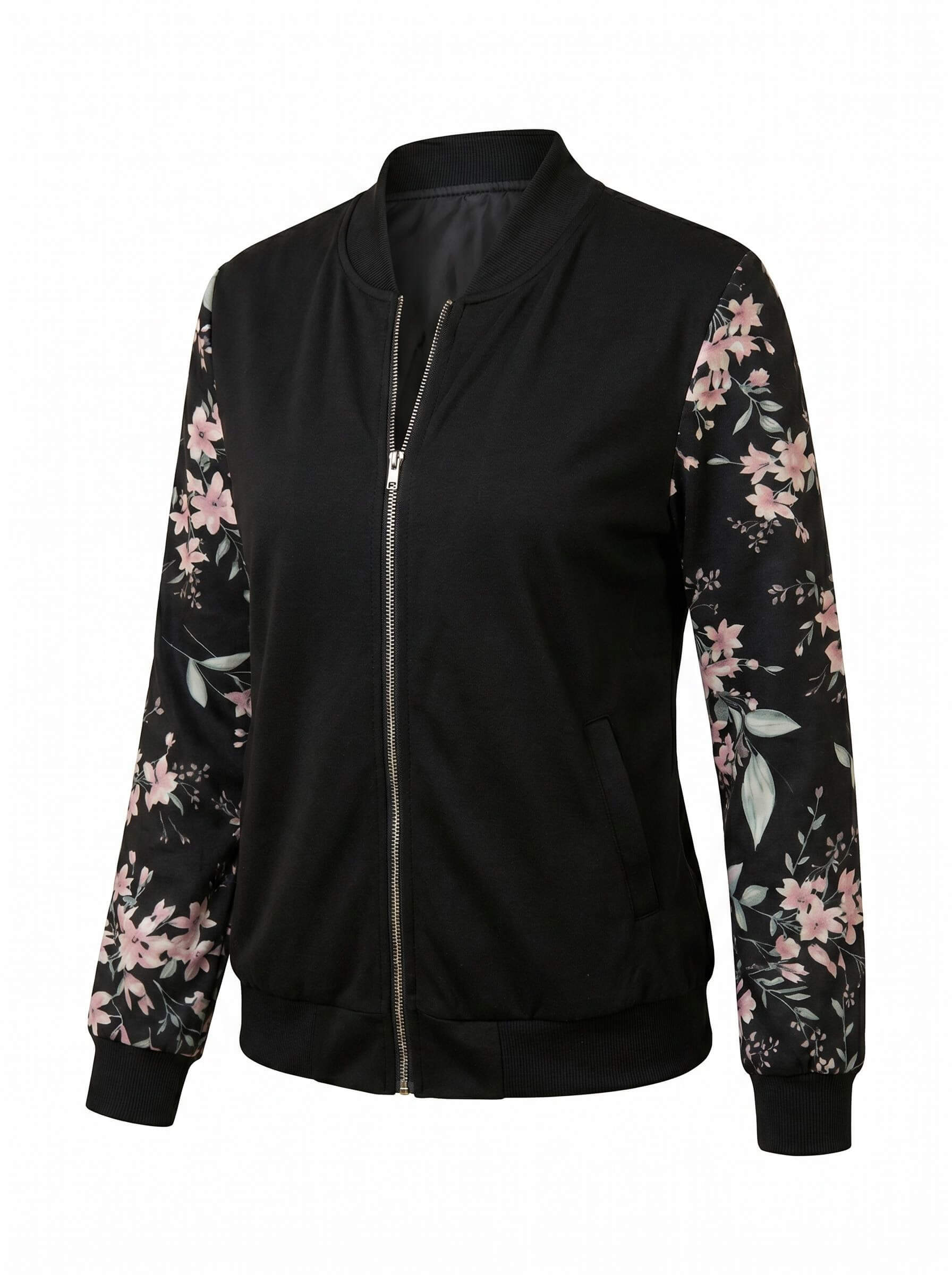 Women’s Floral Zip-Up Jacket – Baseball Collar - Spring/Fall