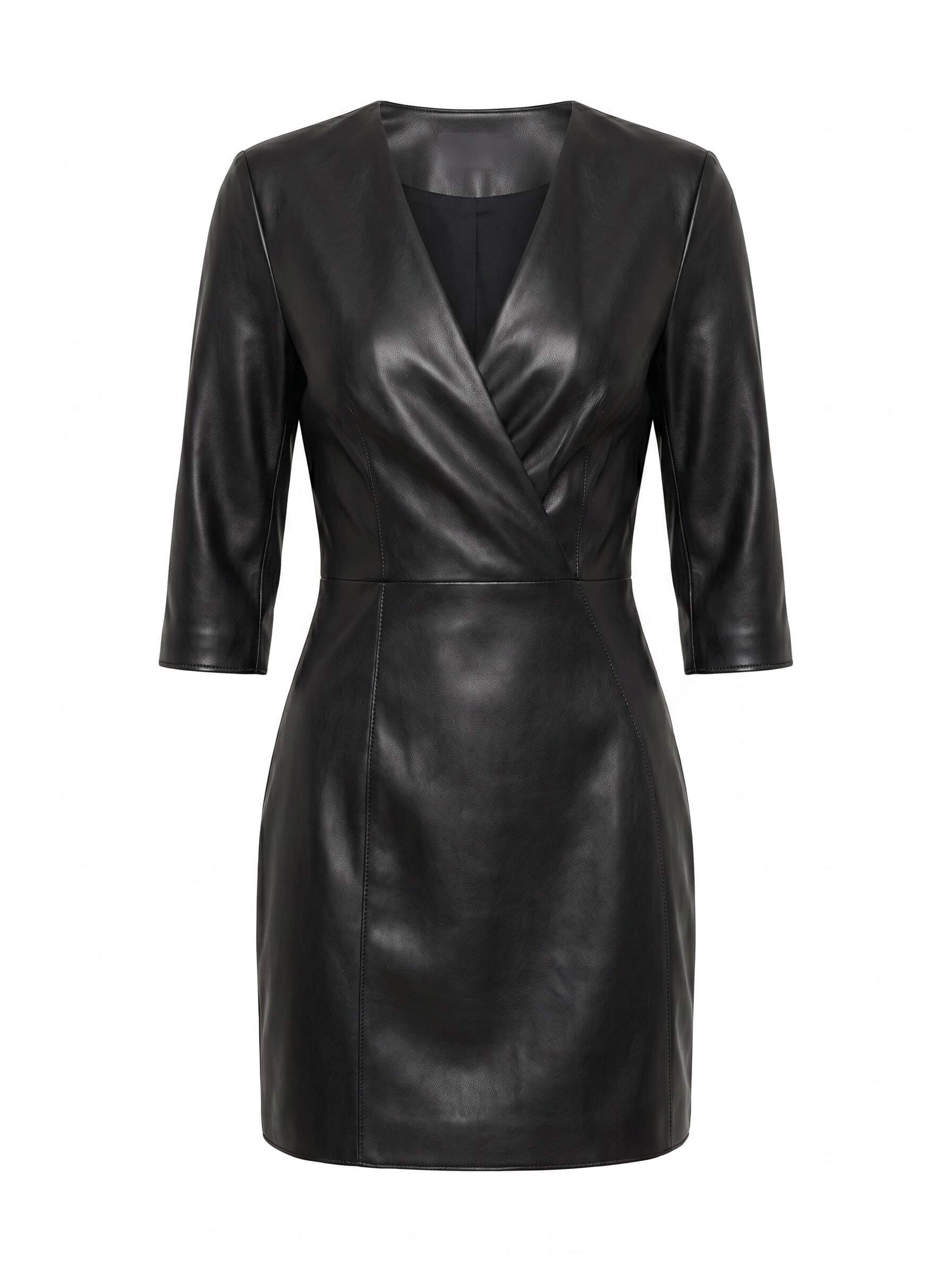 Women’s Black Faux Leather Wrap Mini Dress – Modern City Elegance
