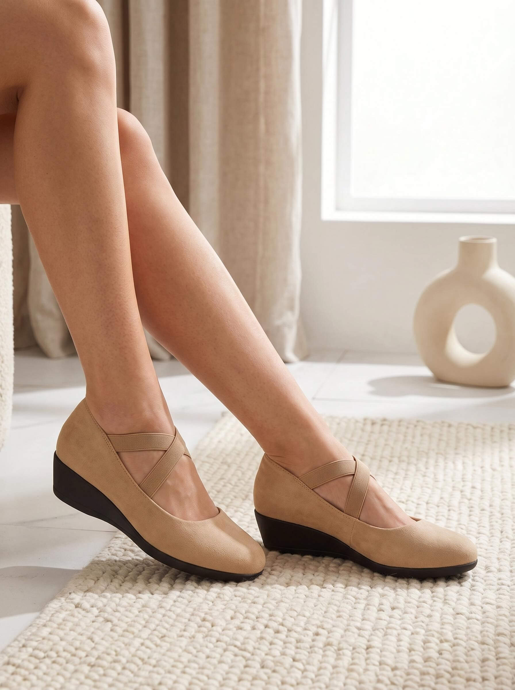 Women’s Shoes – Comfortable Wedge Heels with Cross-Strap Design