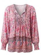 Women’s Floral Tie Neck Smocked Sleeve Blouse