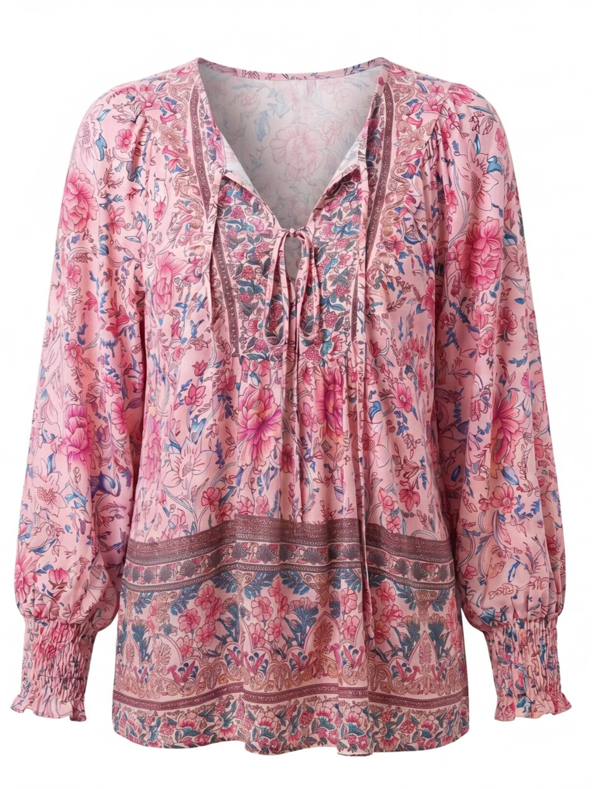 Women’s Floral Tie Neck Smocked Sleeve Blouse