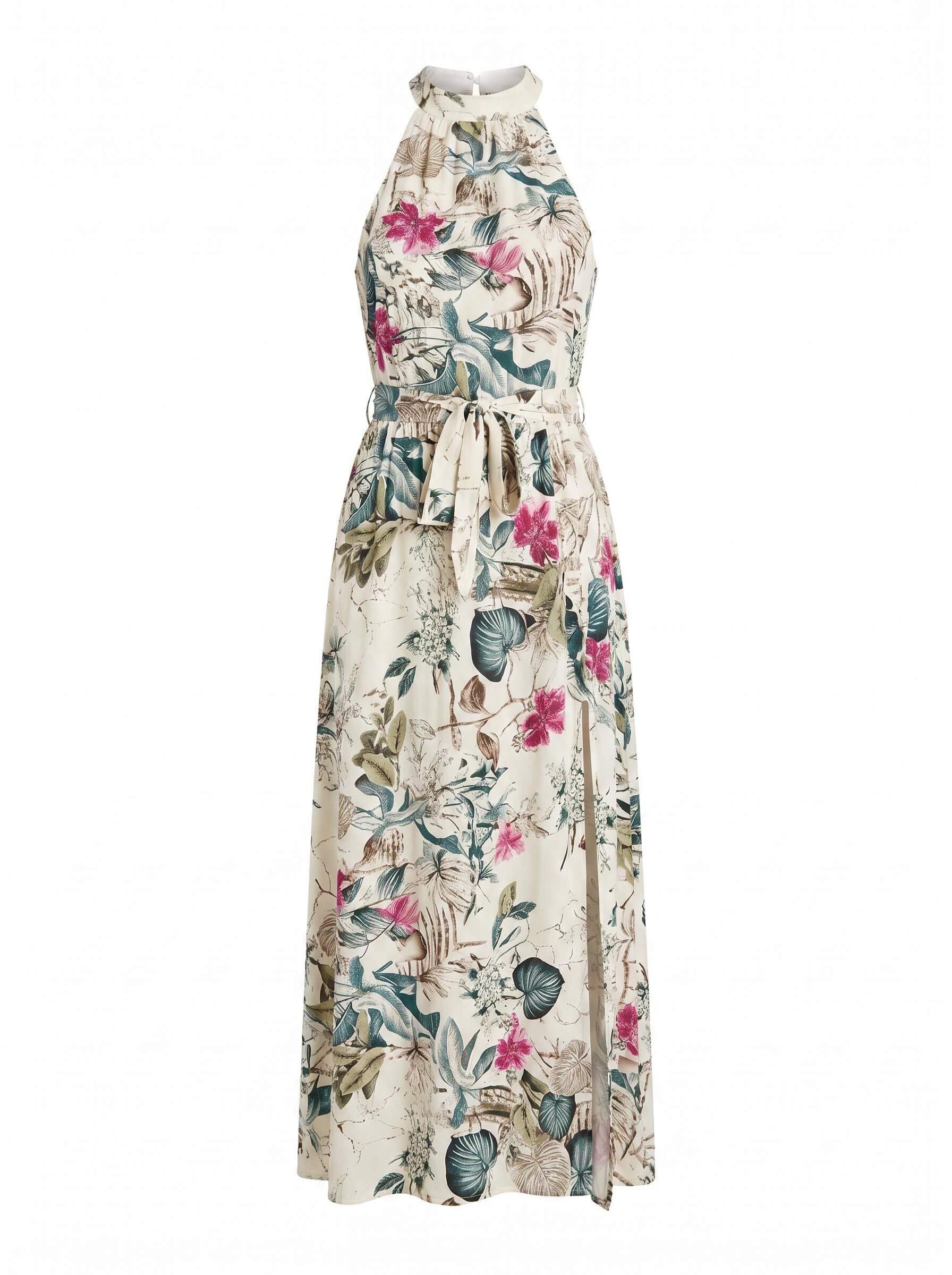Women’s Dress – Floral Halter Maxi Dress with Tie Waist