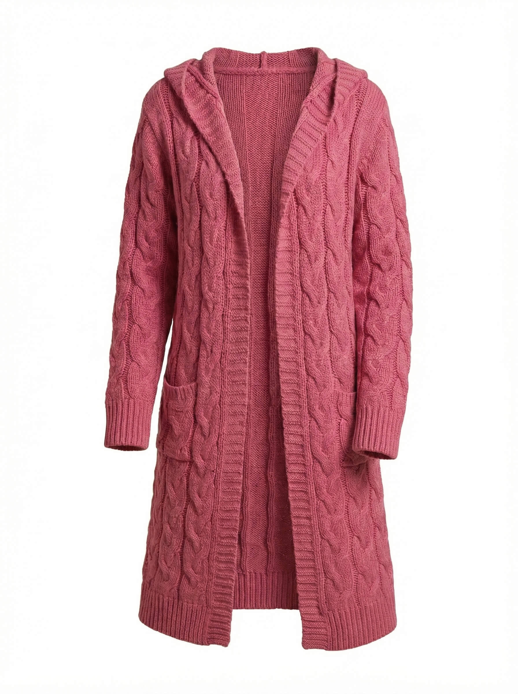Women’s Hooded Cable Knit Cardigan – Longline Warmth & Pocket Comfort