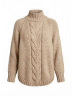 Women’s High-Neck Cable Knit Sweater – Cozy Loose Fit & Ribbed Hem Detail