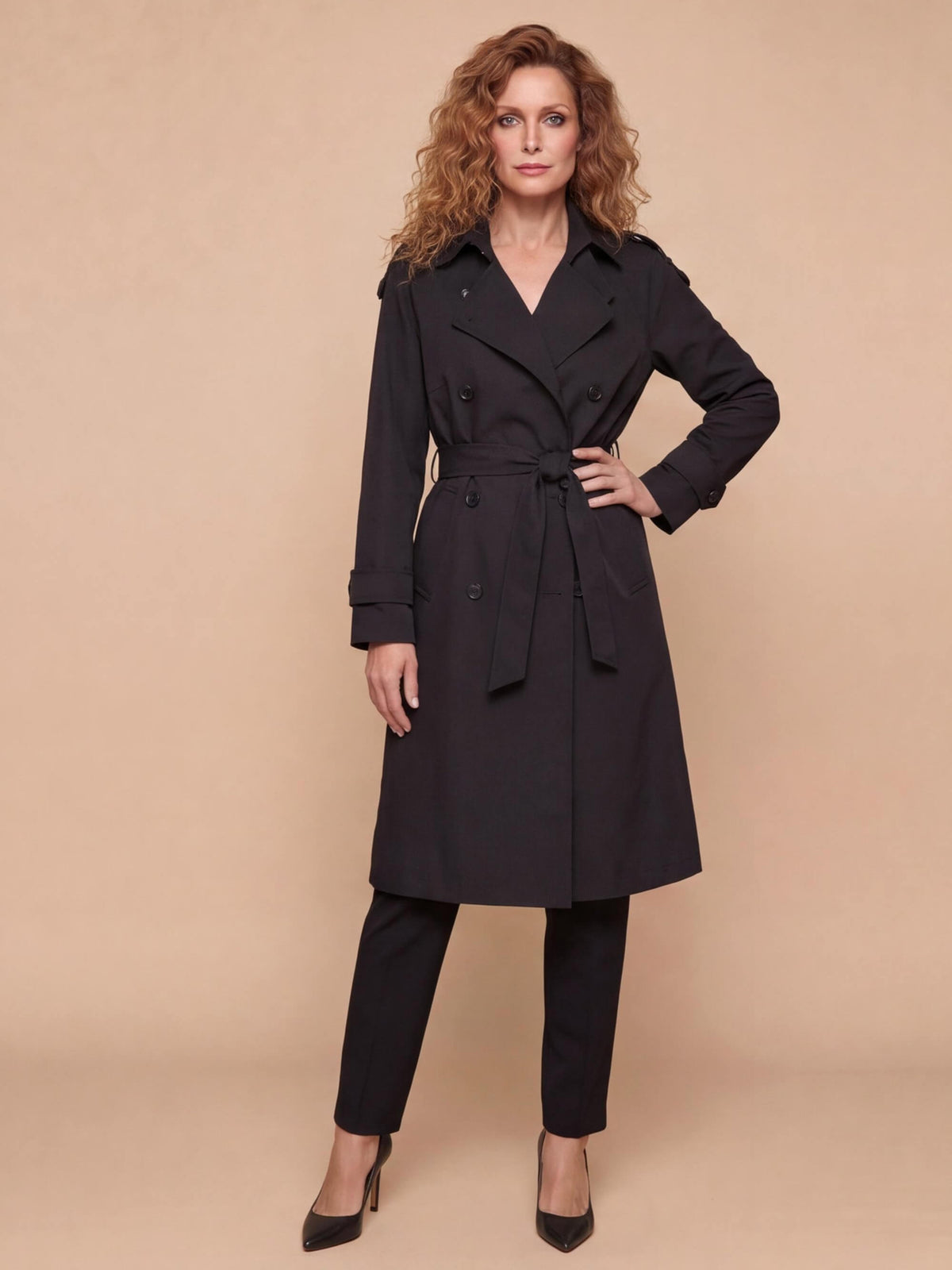 Women’s Double-Breasted Belted Trench Coat with Longline Silhouette