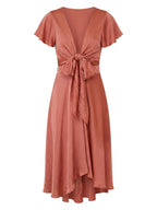 Women’s Dress – Tie-Front Flutter Sleeve Summer Midi Dress
