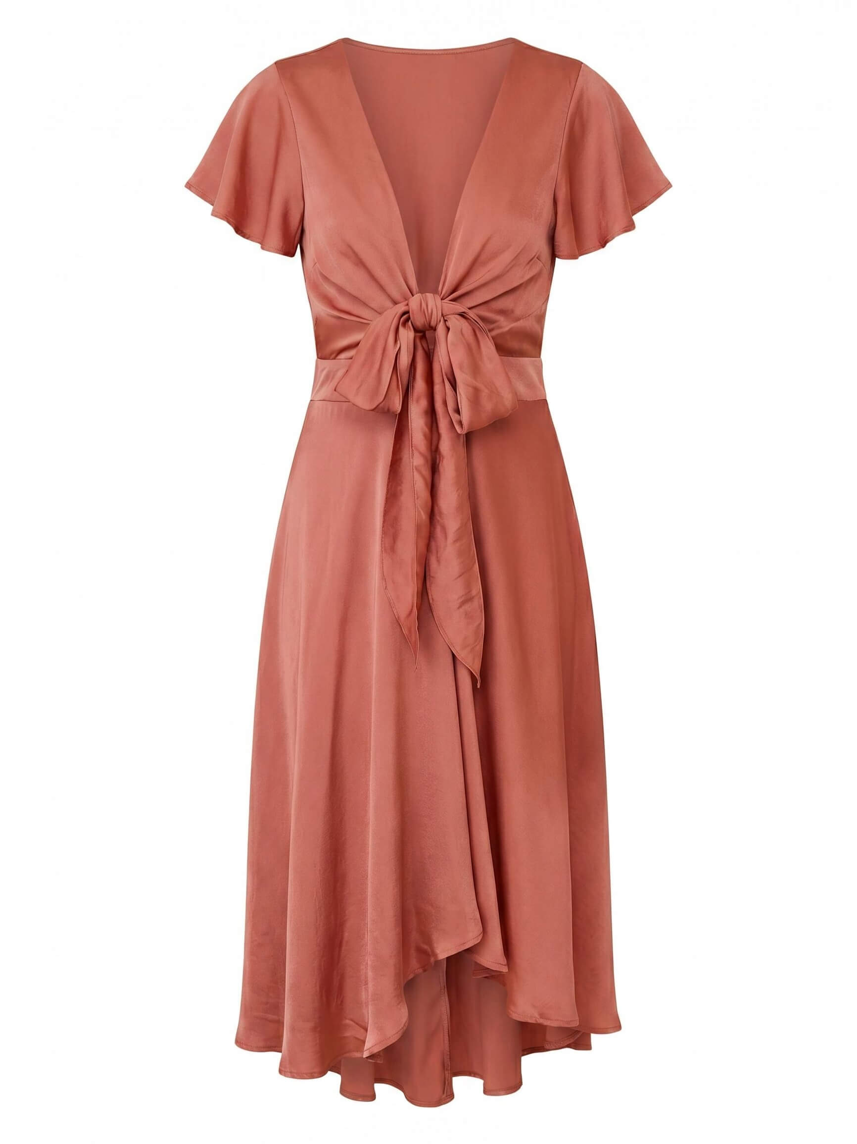 Women’s Dress – Tie-Front Flutter Sleeve Summer Midi Dress