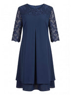 Plus Size Women’s Elegant Chiffon Dress – Embroidered Lace Yoke & Flowing Layered Hem