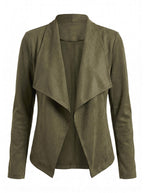 Women’s Elegant Faux Suede Jacket – Waterfall Lapel & Open-Front Layering