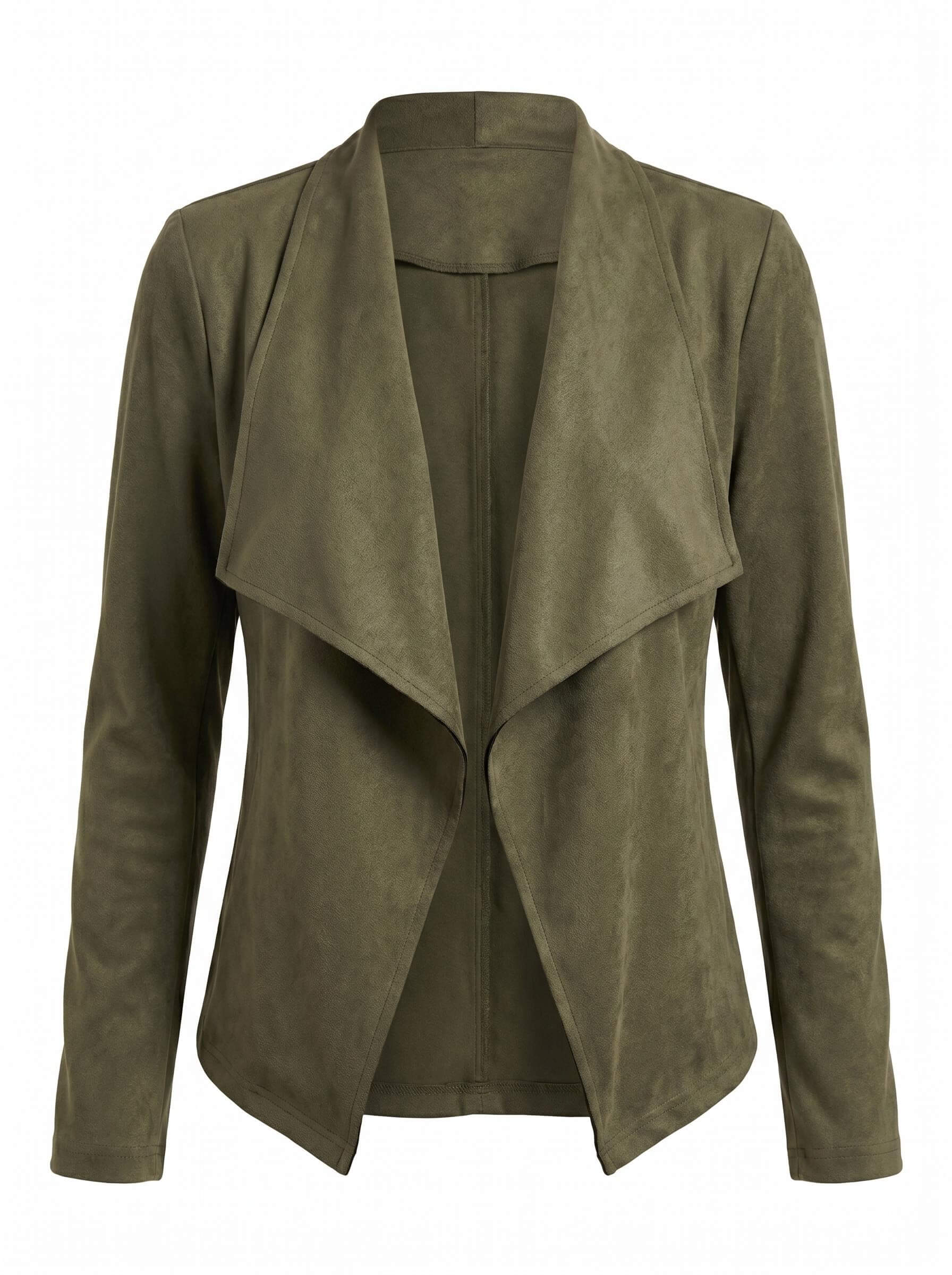 Women’s Elegant Faux Suede Jacket – Waterfall Lapel & Open-Front Layering