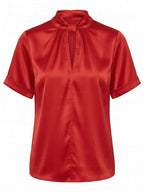 Satin Blouse with Keyhole Neckline and Short Sleeves