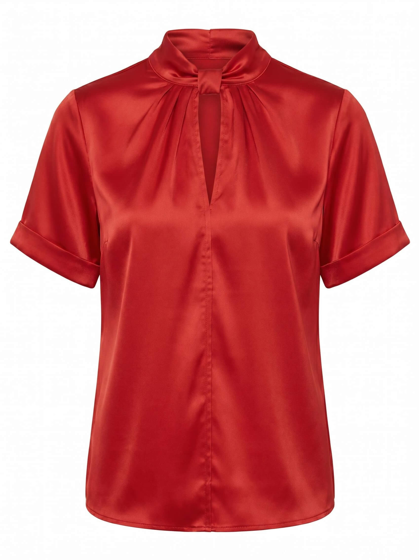 Satin Blouse with Keyhole Neckline and Short Sleeves