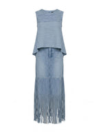 Women’s Denim Two-Piece Set with Asymmetrical Top & Fringed Skirt – Modern Movement & Daytime Style