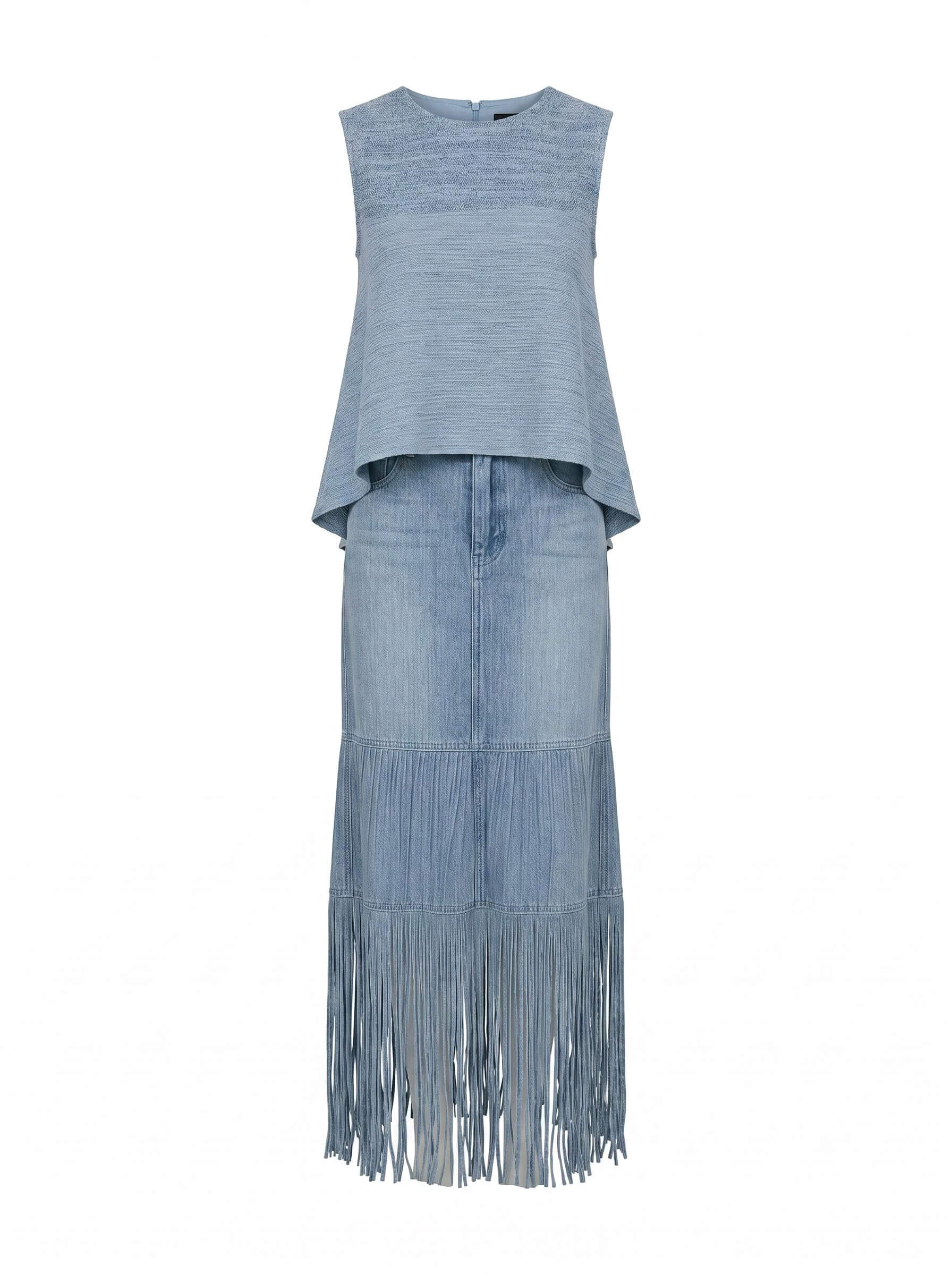 Women’s Denim Two-Piece Set with Asymmetrical Top & Fringed Skirt – Modern Movement & Daytime Style