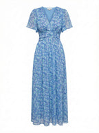 Women’s Dress – Floral V-Neck Short-Sleeve Maxi Dress