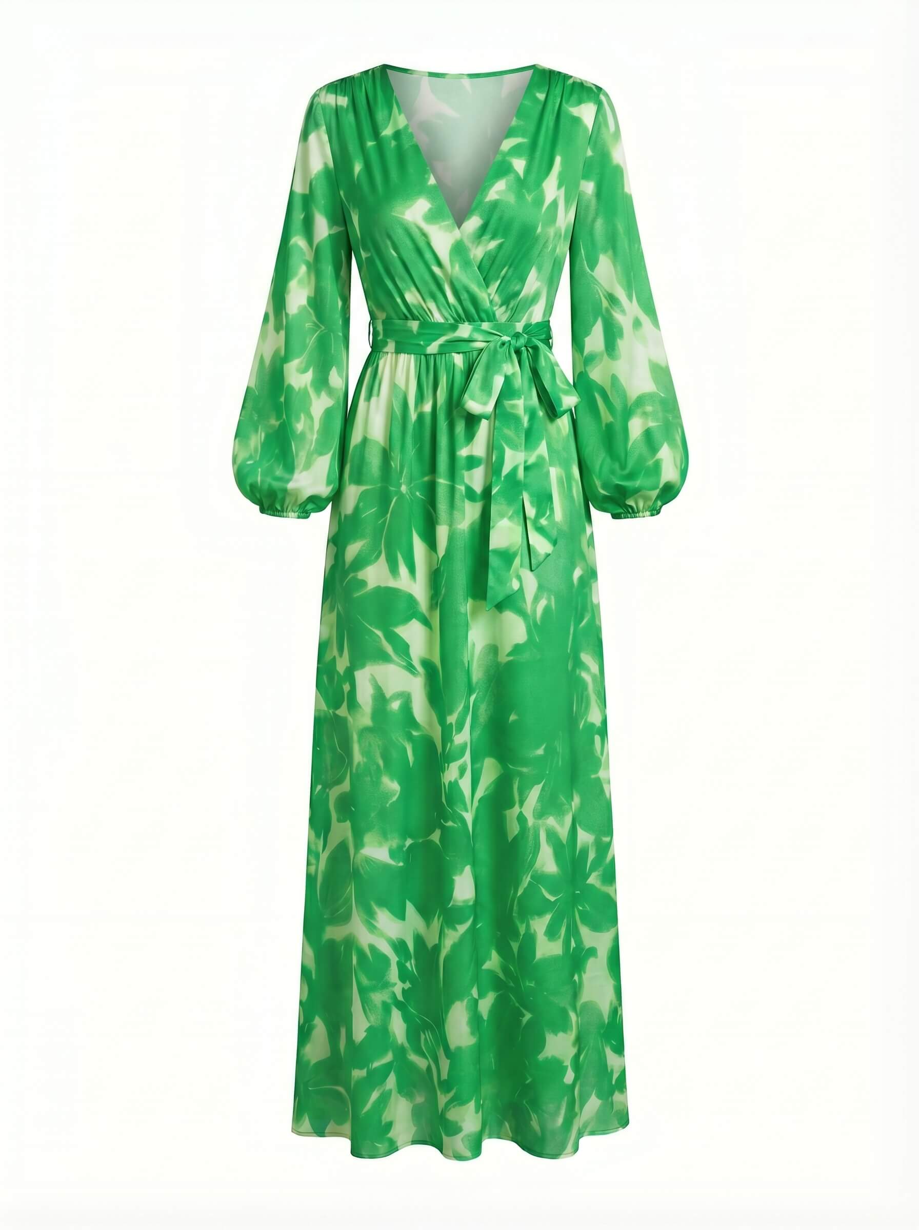 Women’s Dress – Deep V-Neck Long-Sleeve Satin Maxi Dress