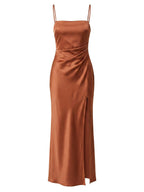 Women’s Dress – Satin Spaghetti-Strap Maxi Dress with Side Slit