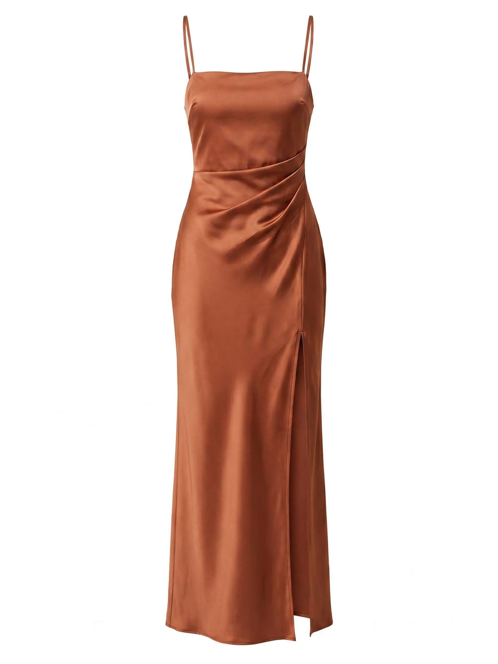 Women’s Dress – Satin Spaghetti-Strap Maxi Dress with Side Slit