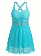 Women’s Lace-Look Swim Dress Style Hem One-Piece Swimsuit