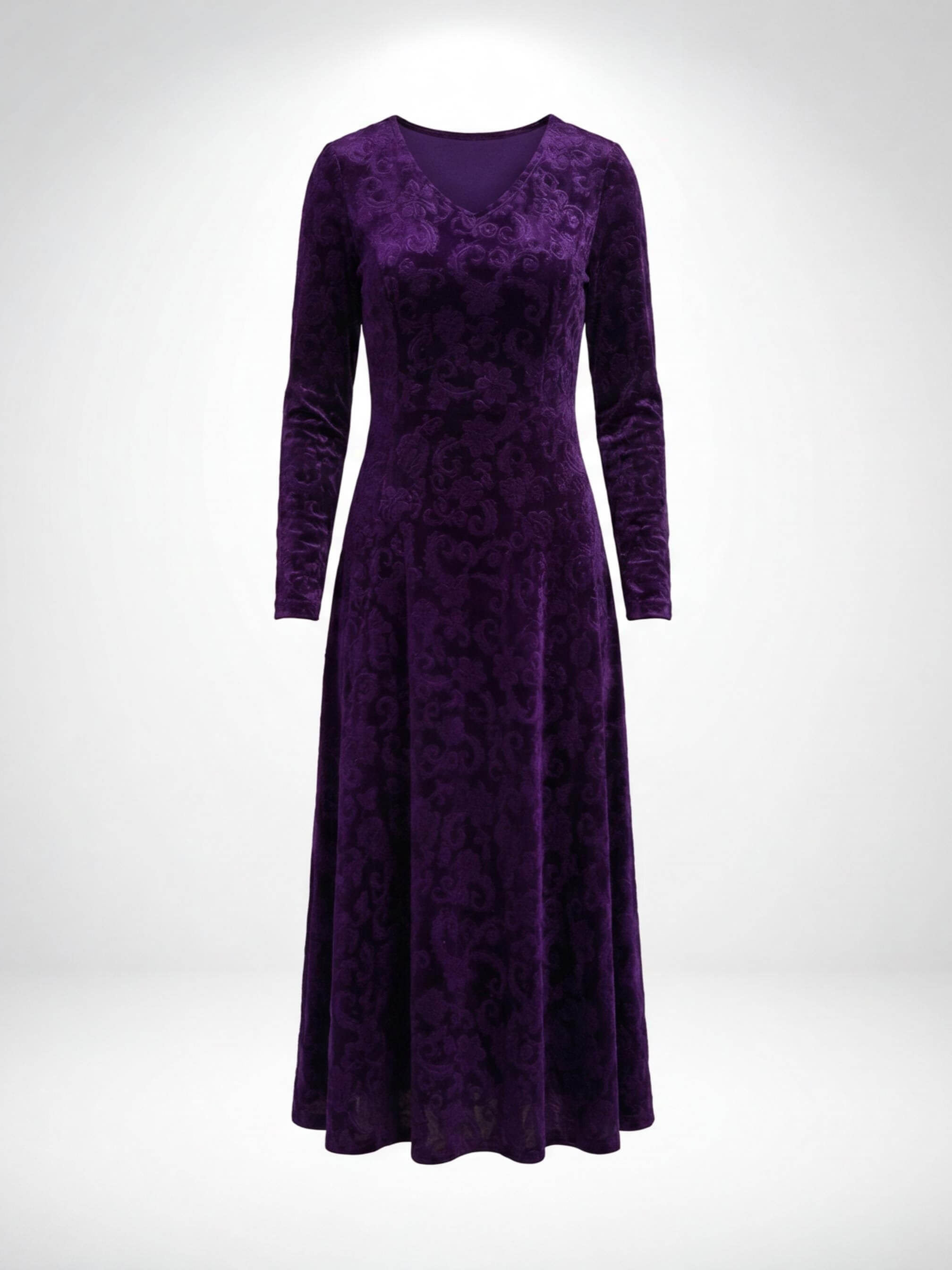 Elegant Women’s V-Neck Maxi Dress – Textured Floral Pattern & High-Stretch Comfort